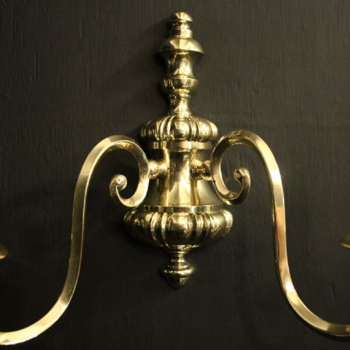 ENGLISH PAIR OF BRASS TWIN ARM ANTIQUE WALL LIGHTS - ADDITIONAL PHOTO 2