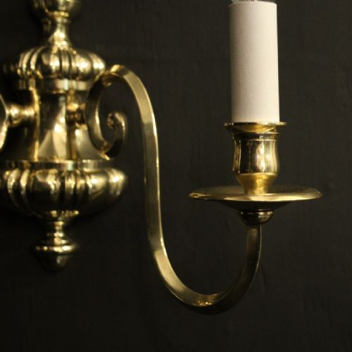 ENGLISH PAIR OF BRASS TWIN ARM ANTIQUE WALL LIGHTS - ADDITIONAL PHOTO 3