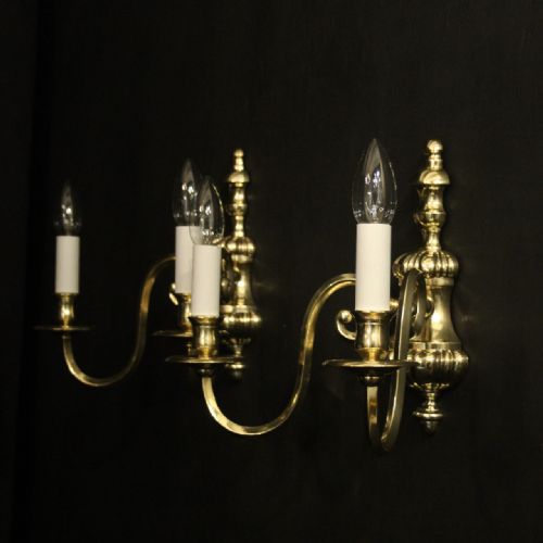 ENGLISH PAIR OF BRASS TWIN ARM ANTIQUE WALL LIGHTS - ADDITIONAL PHOTO 9