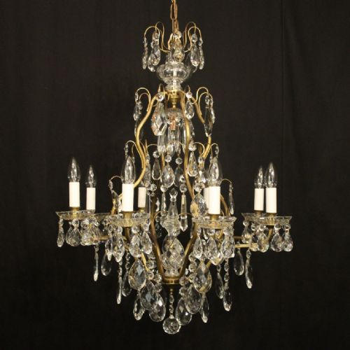 french gilded brass crystal 9 light antique chandelier - CATEGORY: ANTIQUE LIGHTING - DATED 1920