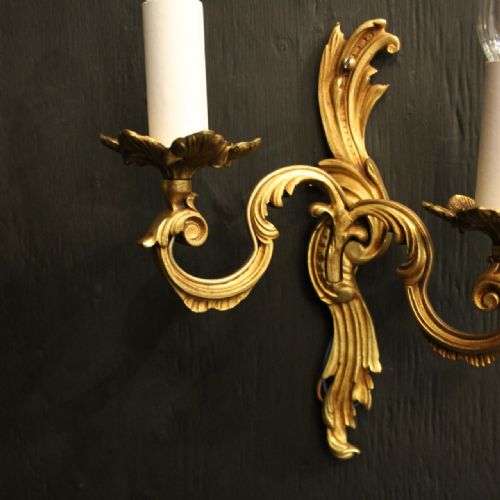 FRENCH PAIR OF GILDED TWIN ARM ANTIQUE WALL LIGHTS - ADDITIONAL PHOTO 2