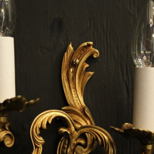 FRENCH PAIR OF GILDED TWIN ARM ANTIQUE WALL LIGHTS - ADDITIONAL PHOTO 4