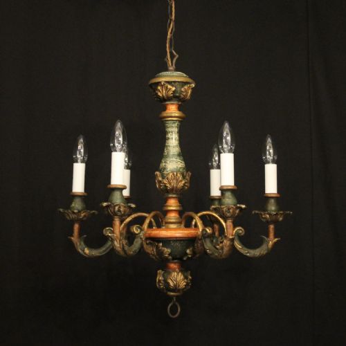 florentine 6 light polychrome wooden chandelier - CATEGORY: ANTIQUE LIGHTING - DATED 1930