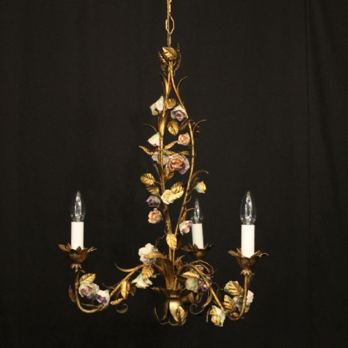 french toleware triple light porcelain flower chandelier - CATEGORY: ANTIQUE LIGHTING - DATED 1930