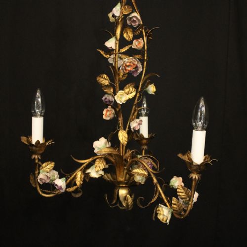 FRENCH TOLEWARE TRIPLE LIGHT PORCELAIN FLOWER CHANDELIER - ADDITIONAL PHOTO 1