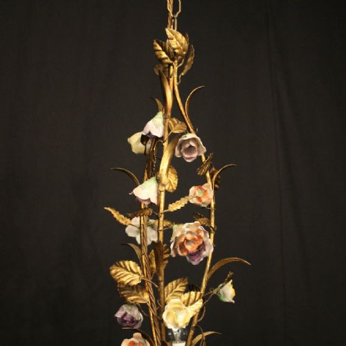 FRENCH TOLEWARE TRIPLE LIGHT PORCELAIN FLOWER CHANDELIER - ADDITIONAL PHOTO 2