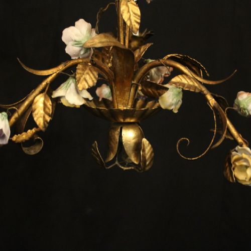 FRENCH TOLEWARE TRIPLE LIGHT PORCELAIN FLOWER CHANDELIER - ADDITIONAL PHOTO 3