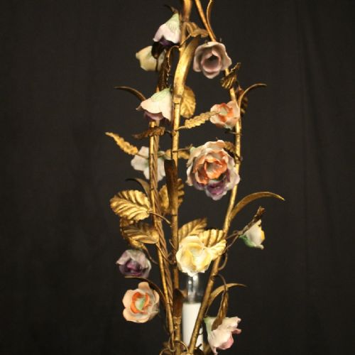 FRENCH TOLEWARE TRIPLE LIGHT PORCELAIN FLOWER CHANDELIER - ADDITIONAL PHOTO 4