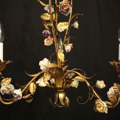 FRENCH TOLEWARE TRIPLE LIGHT PORCELAIN FLOWER CHANDELIER - ADDITIONAL PHOTO 5