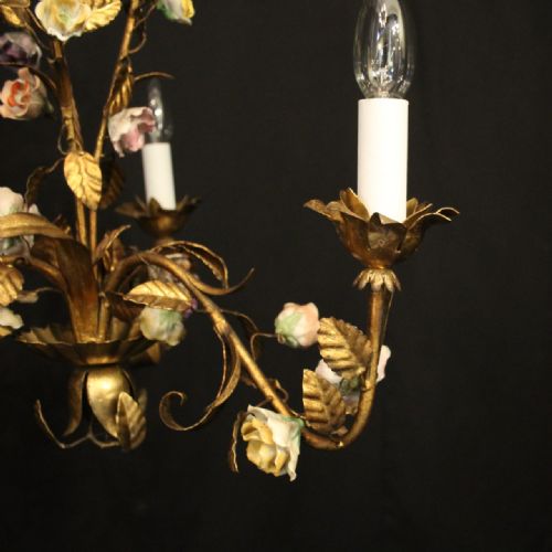 FRENCH TOLEWARE TRIPLE LIGHT PORCELAIN FLOWER CHANDELIER - ADDITIONAL PHOTO 6