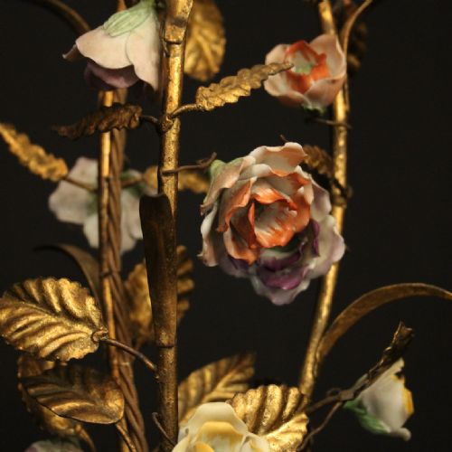 FRENCH TOLEWARE TRIPLE LIGHT PORCELAIN FLOWER CHANDELIER - ADDITIONAL PHOTO 7