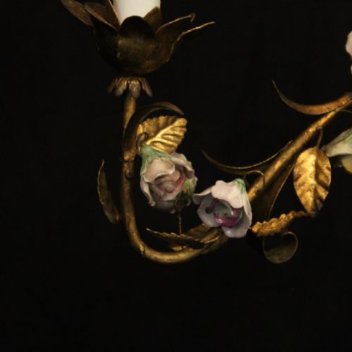 FRENCH TOLEWARE TRIPLE LIGHT PORCELAIN FLOWER CHANDELIER - ADDITIONAL PHOTO 8