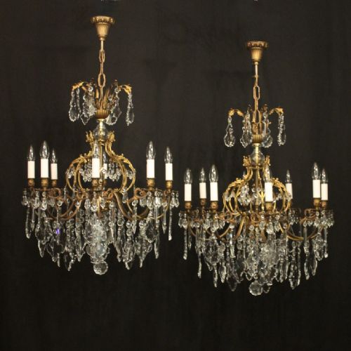 french pair of gilded bronze crystal antique chandeliers - CATEGORY: ANTIQUE LIGHTING - DATED 1920