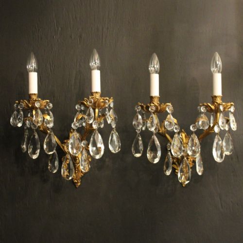 french pair of bronze crystal twin arm antique wall lights - CATEGORY: ANTIQUE LIGHTING - DATED 1920