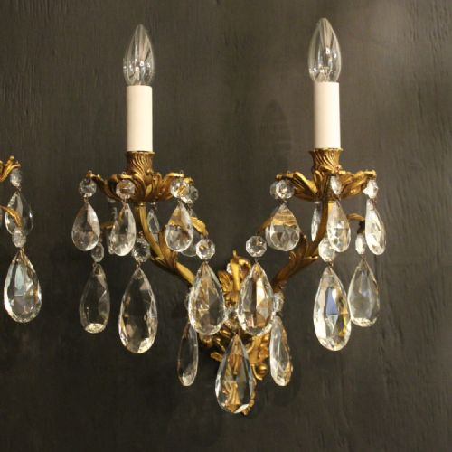 FRENCH PAIR OF BRONZE CRYSTAL TWIN ARM ANTIQUE WALL LIGHTS - ADDITIONAL PHOTO 1