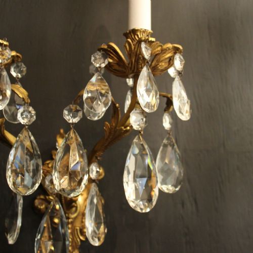 FRENCH PAIR OF BRONZE CRYSTAL TWIN ARM ANTIQUE WALL LIGHTS - ADDITIONAL PHOTO 5