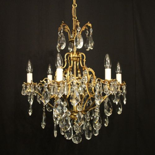 french gilded bronze crystal 6 light antique chandelier - CATEGORY: ANTIQUE LIGHTING - DATED 1920