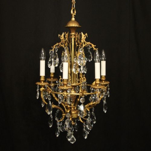 french gilded crystal 6 light antique chandelier - CATEGORY: ANTIQUE LIGHTING - DATED 1920