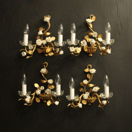 french set of 4 toleware twin arm wall lights - CATEGORY: ANTIQUE LIGHTING - DATED 1930