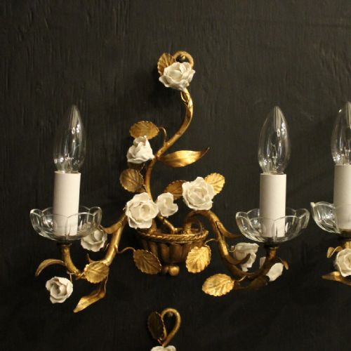 FRENCH SET OF 4 TOLEWARE TWIN ARM WALL LIGHTS - ADDITIONAL PHOTO 1