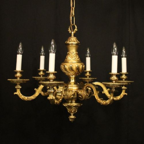 french gilded bronze 6 light antique chandelier - CATEGORY: ANTIQUE LIGHTING - DATED 1920