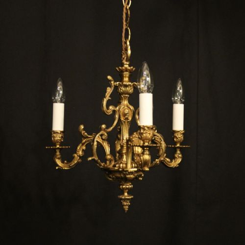 french gilded bronze triple light antique chandelier - CATEGORY: ANTIQUE LIGHTING - DATED 1920