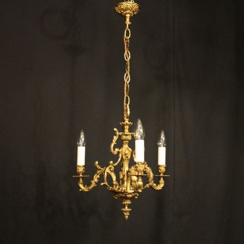 FRENCH GILDED BRONZE TRIPLE LIGHT ANTIQUE CHANDELIER - ADDITIONAL PHOTO 8