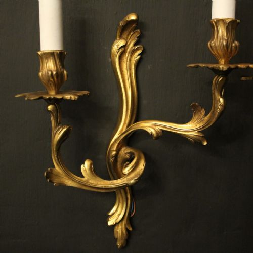 FRENCH PAIR OF GILDED BRONZE ANTIQUE WALL SCONCES - ADDITIONAL PHOTO 2