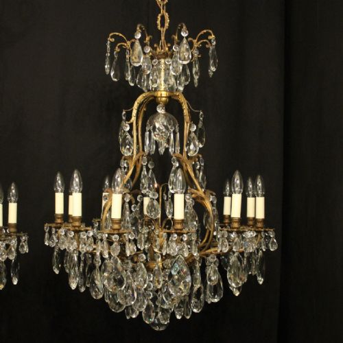 FRENCH PAIR OF GILDED CRYSTAL ANTIQUE CHANDELIERS - ADDITIONAL PHOTO 1