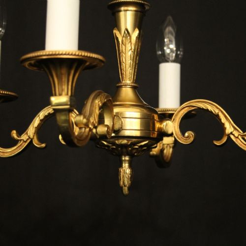 FRENCH SMALL GILDED BRASS 4 LIGHT CHANDELIER - ADDITIONAL PHOTO 5