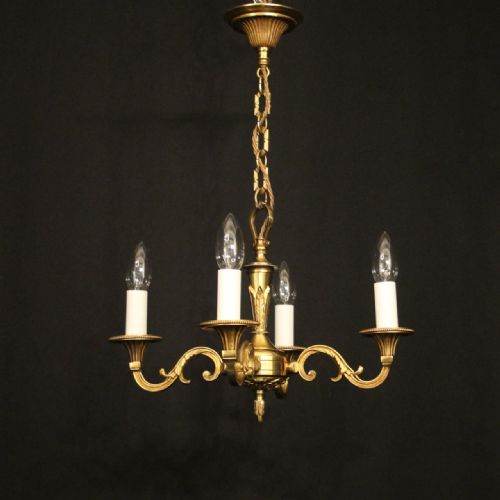 FRENCH SMALL GILDED BRASS 4 LIGHT CHANDELIER - ADDITIONAL PHOTO 8