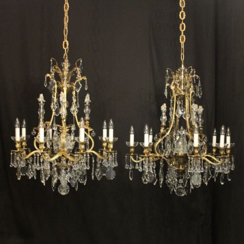 french pair of gilded bronze crystal antique chandeliers - CATEGORY: ANTIQUE LIGHTING - DATED 1920