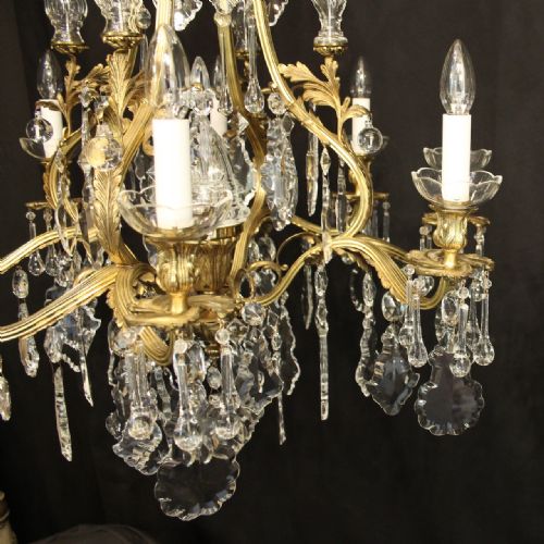 FRENCH PAIR OF GILDED BRONZE CRYSTAL ANTIQUE CHANDELIERS - ADDITIONAL PHOTO 4