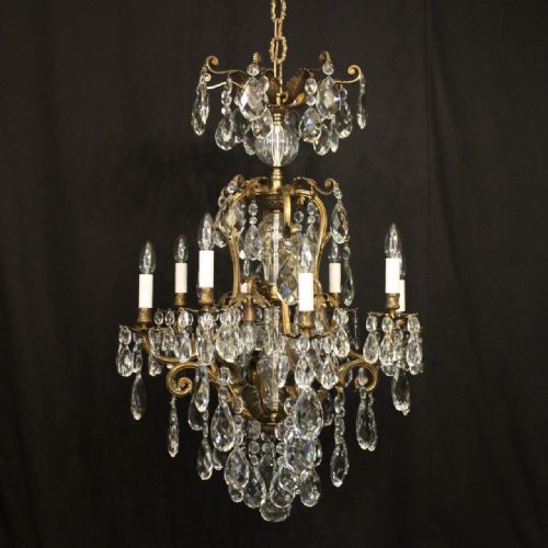 french gilded bronze crystal 12 light birdcage antique chandelier - CATEGORY: ANTIQUE LIGHTING - DATED 1920
