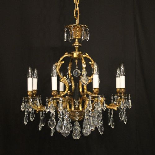 french gilded bronze crystal 8 light antique chandelier - CATEGORY: ANTIQUE LIGHTING - DATED 1920