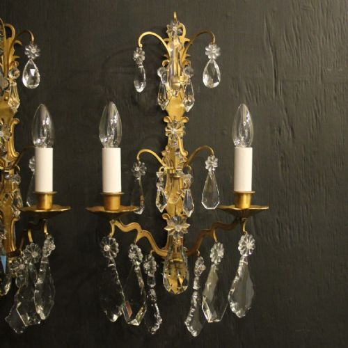 FRENCH PAIR OF CRYSTAL TWIN ARM WALL LIGHTS - ADDITIONAL PHOTO 1
