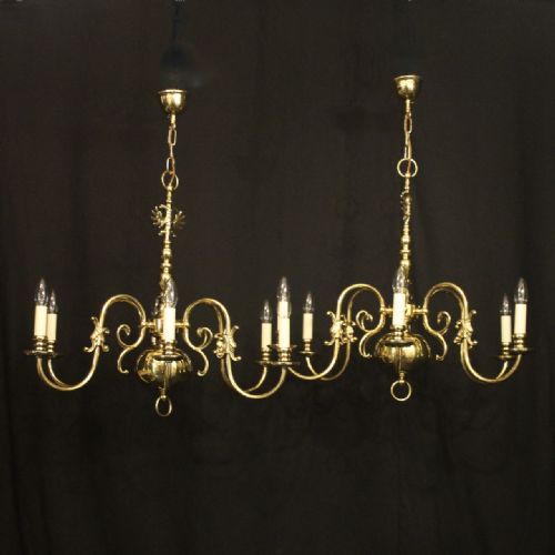 flemish pair of 6 light brass chandeliers - CATEGORY: ANTIQUE LIGHTING - DATED 1930