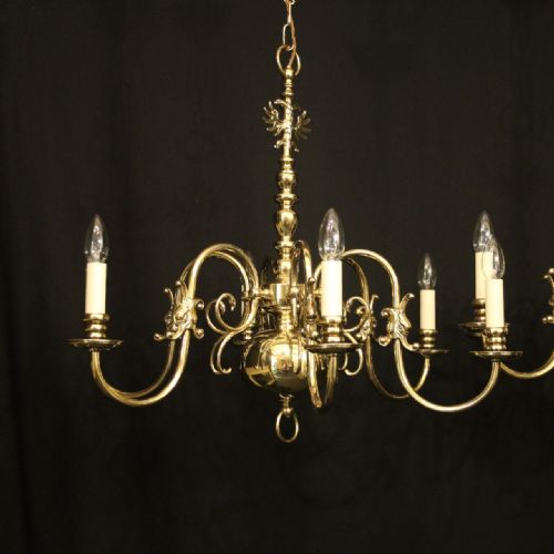 FLEMISH PAIR OF 6 LIGHT BRASS CHANDELIERS - ADDITIONAL PHOTO 1