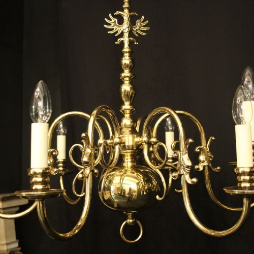 FLEMISH PAIR OF 6 LIGHT BRASS CHANDELIERS - ADDITIONAL PHOTO 2