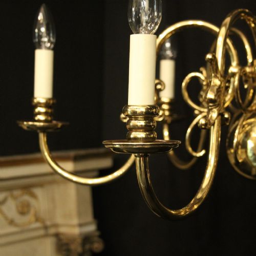 FLEMISH PAIR OF 6 LIGHT BRASS CHANDELIERS - ADDITIONAL PHOTO 3