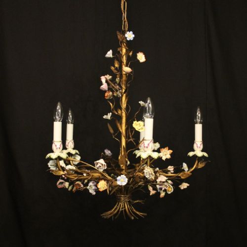 french toleware five light flower chandelier - CATEGORY: ANTIQUE LIGHTING - DATED 1930