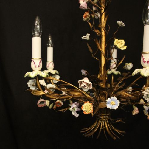 FRENCH TOLEWARE FIVE LIGHT FLOWER CHANDELIER - ADDITIONAL PHOTO 1