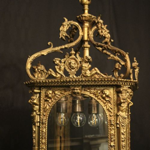 FRENCH BRONZE 4 LIGHT ANTIQUE HALL LANTERN - ADDITIONAL PHOTO 1
