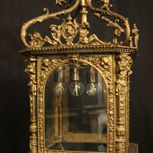 FRENCH BRONZE 4 LIGHT ANTIQUE HALL LANTERN - ADDITIONAL PHOTO 2
