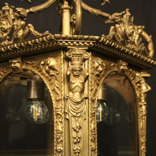 FRENCH BRONZE 4 LIGHT ANTIQUE HALL LANTERN - ADDITIONAL PHOTO 5