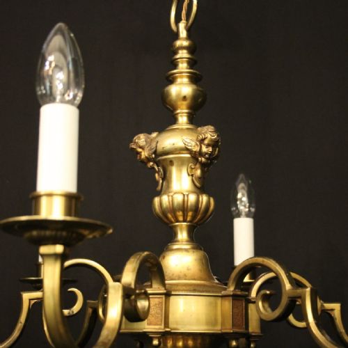 ENGLISH GILDED BRASS 6 LIGHT ANTIQUE CHANDELIER - ADDITIONAL PHOTO 5