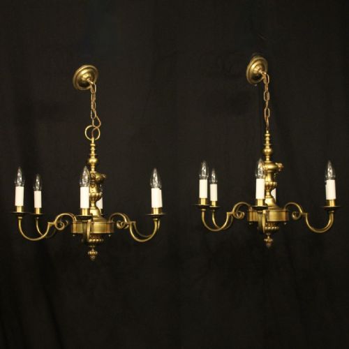 english pair brass 6 light antique chandeliers - CATEGORY: ANTIQUE LIGHTING - DATED 1920