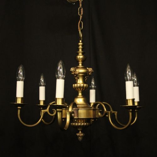 ENGLISH PAIR BRASS 6 LIGHT ANTIQUE CHANDELIERS - ADDITIONAL PHOTO 1