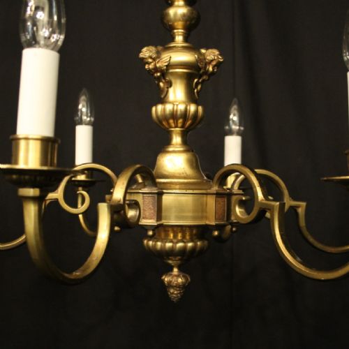 ENGLISH PAIR BRASS 6 LIGHT ANTIQUE CHANDELIERS - ADDITIONAL PHOTO 2