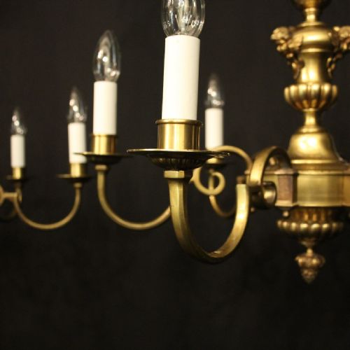 ENGLISH PAIR BRASS 6 LIGHT ANTIQUE CHANDELIERS - ADDITIONAL PHOTO 3